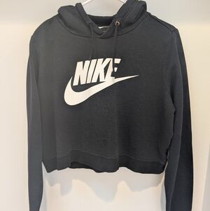 Nike Women's Black Cropped Hoodie with White Logo. Size XL